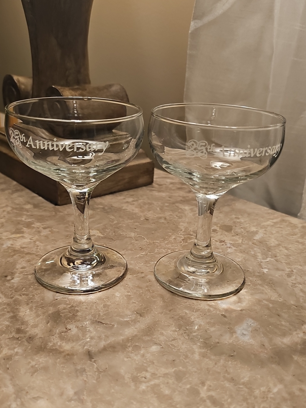 Brand New Vintage 25th Anniversary Etched Coupe Glasses - Clear Glass (Set of 2)